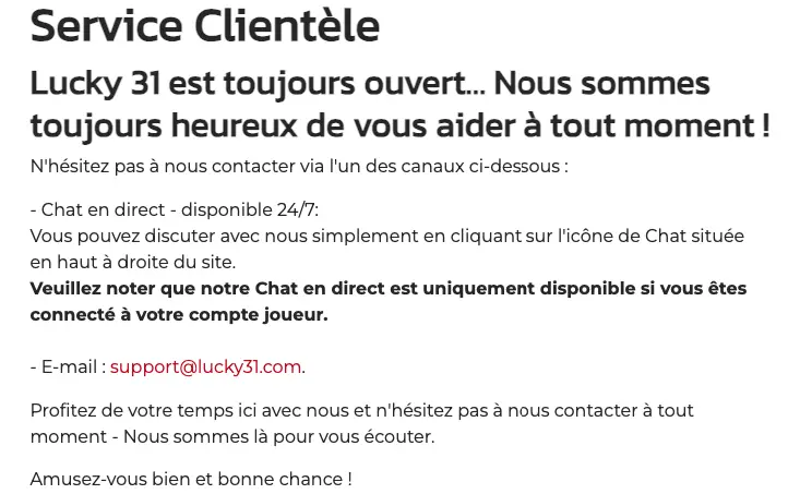 Lucky31 service clientèle Lucky31 soutien à la clientèle